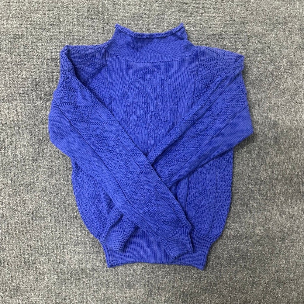 Lizsport Sweater Womens Size S Blue Cotton Knit Mock Neck Textured Vintage
